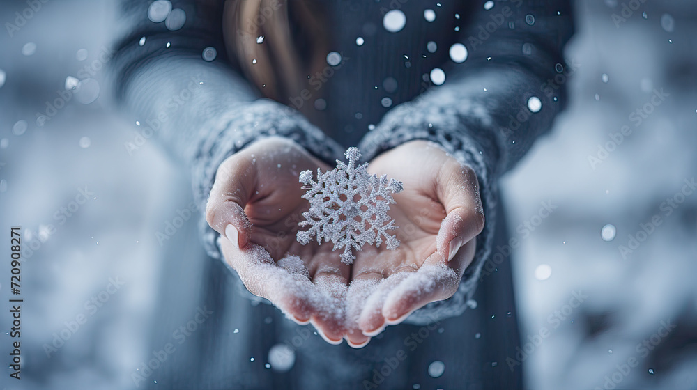Cupped hands gently hold a delicate snowflake, symbolizing the unique beauty of winter's natural artistry against a wintry backdrop.