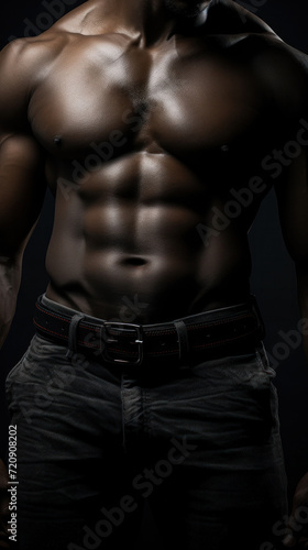 A toned male figure stands with hands on hips, showcasing a defined midsection and fitness-ready attire against a muted backdrop.
