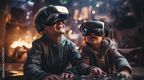 Two children wearing virtual reality headsets are immersed in a digital world, their faces lit with wonder and amazement at the new technology.