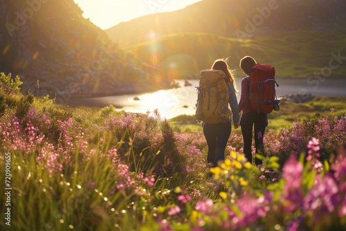A couple of young hikers with heavy backpacks admiring scenic view of spectacular Icelandic nature. Breathtaking landscape of Iceland. Hiking by foot.