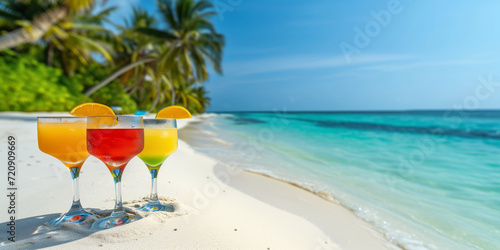 Fresh colorful exotic fruit cocktails on a backdrop of tropical beach. Banner with copy space, alcoholic beverages on palm trees and ocean background. © MNStudio