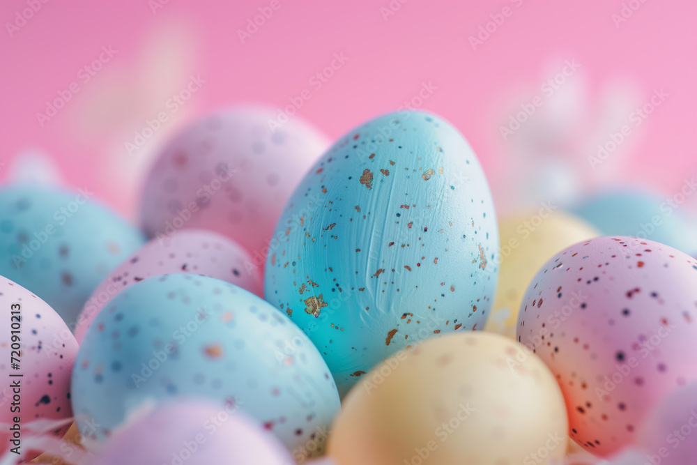 Easter eggs colored in pastel colors to celebrate Easter. Painted eggs postcard.