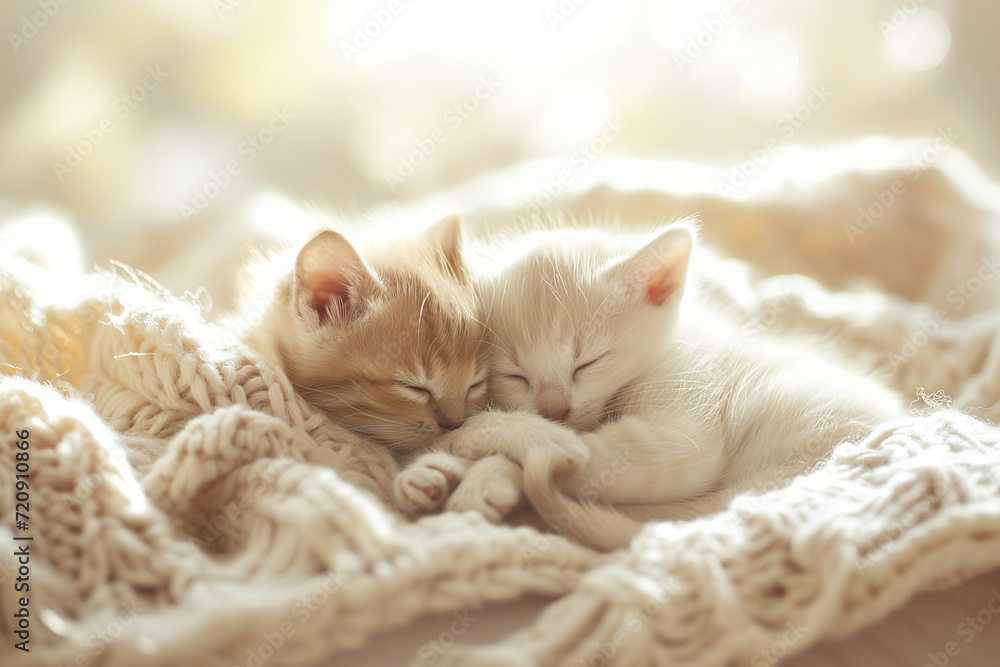 Two cute fluffy white and grey kittens sleeping in soft cozy blanket on sunny day.