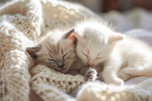 Two cute fluffy white and grey kittens sleeping in soft cozy blanket on sunny day. © MNStudio