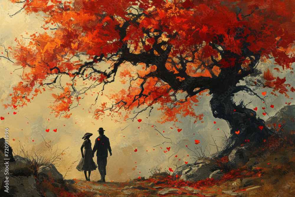 Silhouette of young couple in love under giant tree with red heart ...
