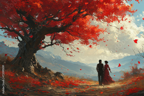 Silhouette of young couple in love under giant tree with red heart-shaped leaves. Man and woman hugging together under a large old tree. Celebrating Valentine's Day.