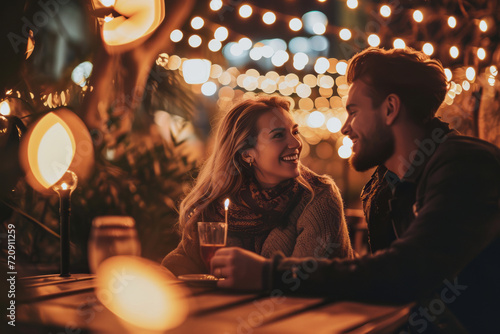 Cheerful young couple having a date at outdoor restaurant at night. Young people having a get together outdoors. Celebrating Valentine's Day.