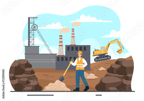 Mining Company Vector Illustration with Heavy Yellow Dumper Trucks for Sand Mine Industrial Process or Transportation in Flat Cartoon Background