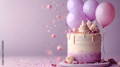 cute and sweet birthday cake with balloon in purple pastel color for birthday banner, party celebration or  festival poster with copy space