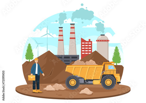 Mining Company Vector Illustration with Heavy Yellow Dumper Trucks for Sand Mine Industrial Process or Transportation in Flat Cartoon Background
