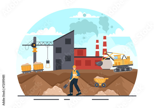 Mining Company Vector Illustration with Heavy Yellow Dumper Trucks for Sand Mine Industrial Process or Transportation in Flat Cartoon Background