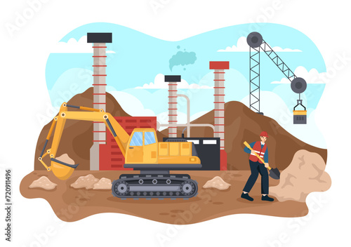 Mining Company Vector Illustration with Heavy Yellow Dumper Trucks for Sand Mine Industrial Process or Transportation in Flat Cartoon Background
