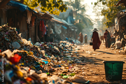 dirty Indian street with garbage on the side.