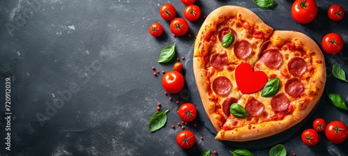 Heart shaped pizza with fresh ingredients, perfect for romantic dinner, top view with copy space