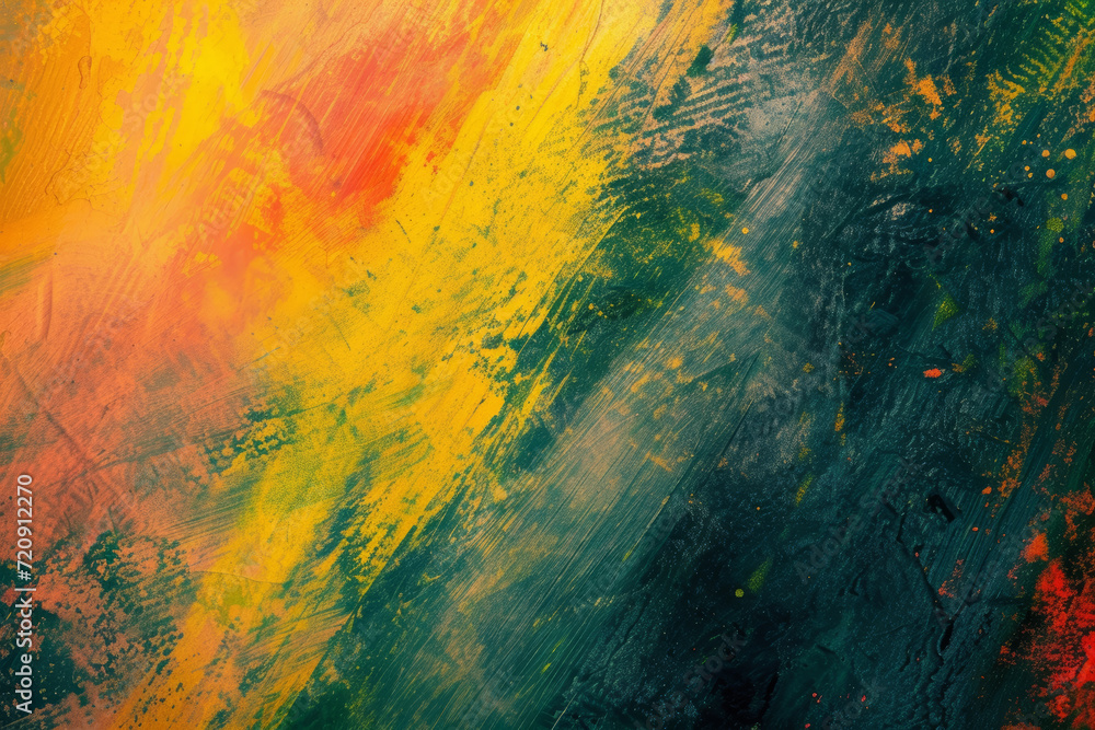 dynamic and textured abstract painting with strong contrasts, featuring bold yellow and orange hues against a dark, shadowy green and black background.