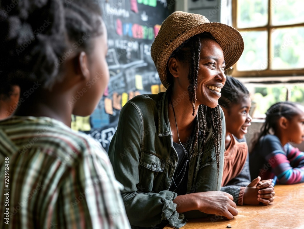 A diverse group of students engage with their teacher in a joyful classroom setting. Generative AI. A diverse group of students engage with their teacher in a joyful classroom setting. Generative AI.