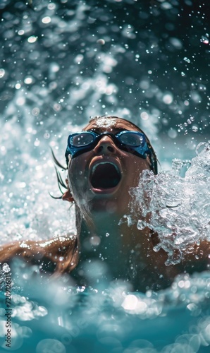 A victorious swimmer breaks the surface, gasping for breath after a race. Generative AI.