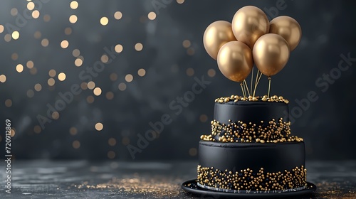 luxury birthday cake banner with balloon, party celebration or  festival poster with copy space, gold and black theme color