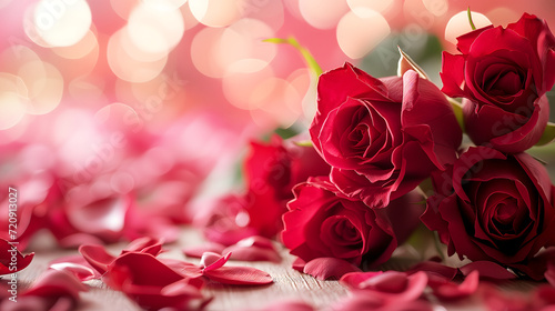 A bouquet of red roses rests amidst scattered petals  backlit by a soft  bokeh light effect