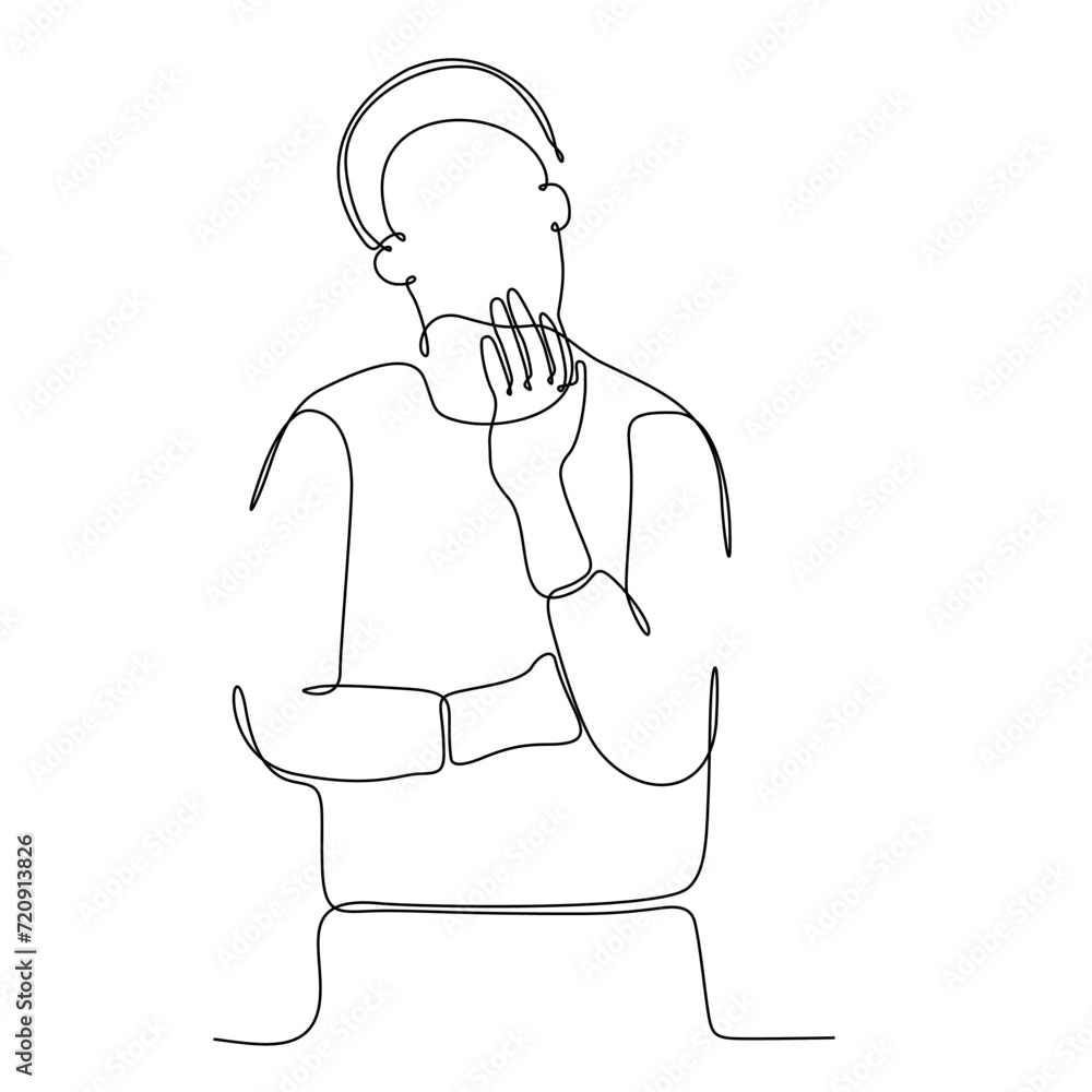 continuous line drawing of man feeling sad, tired and worried about suffering from depression in mental health. problem, failure and broken heart concept isolated on white background. Vector continuous line drawing of man feeling sad, tired and worried about suffering from depression in mental health. problem, failure and broken heart concept isolated on white background. Vector