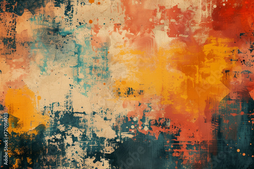 Vivid abstract painting with splashes of orange, red, and blue over a textured background.