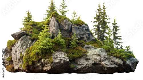 Cutout rock surrounded by fir trees. Garden design isolated on transparent and white background.PNG image.