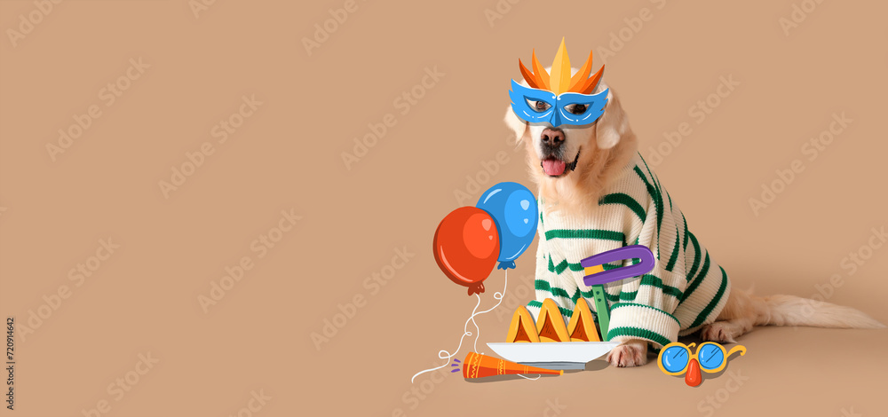 Naklejka premium Cute golden retriever with carnival disguise and decor on beige background with space for text. Purim celebration