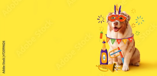 Cute Australian Shepherd dog with carnival disguise and decor on yellow background with space for text. Purim celebration photo