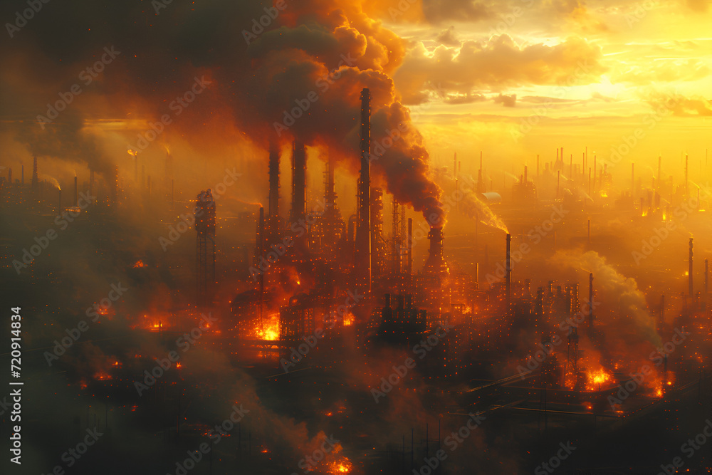 A fiery oil refinery with pipes and tanks against a polluted skyline. Created with generative AI.