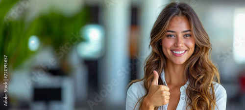 Latina woman girl giving a thumbs up against a creamy gradient background, isolated against a light color backdrop, hand gesture, smiling, sales consultant, sales concept photo