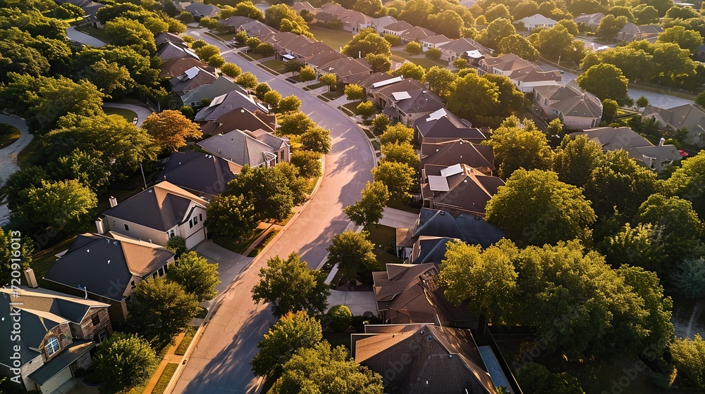 Aerial view of suburban neighborhood in suburbs Dallas, Texas, USA, Aerial view of a cul-de-sac at a neighborhood road dead end with built homes. - obrazy, fototapety, plakaty 