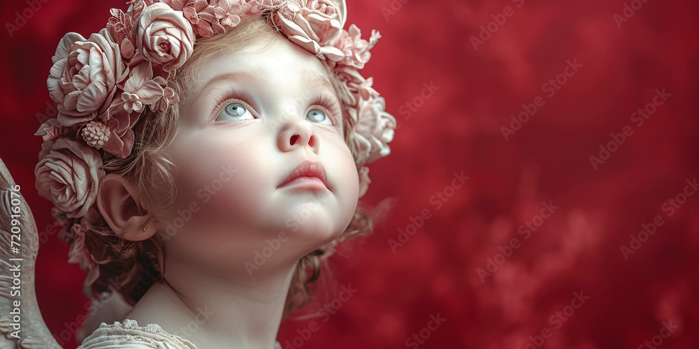 Fototapeta premium Banner Child angel with rose headband gazing upward on red AI Generative