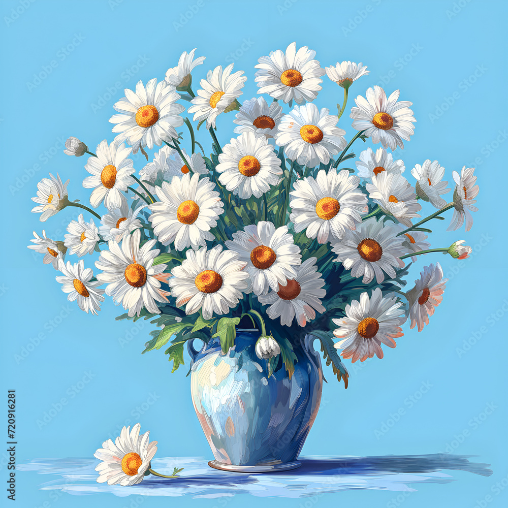 bouquet of daisies on blue background