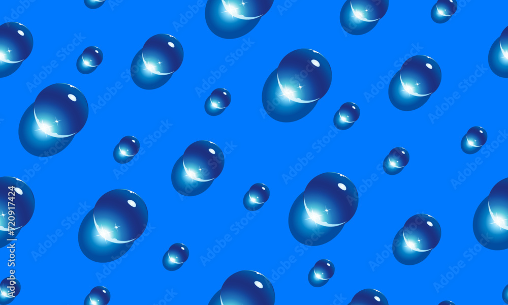 Water Transparent Drops Seamless Pattern on blue background.