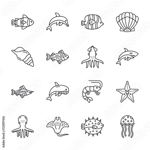 Set of ocean animal icon for web app simple line design