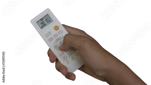 Hand holding air conditioner remote isolated on transparent background