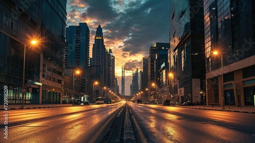 Empty streets and sunrise sky illuminate city skyline at dawn. copy space for text.