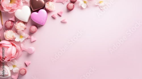 Valentine s Day pink background   including chocolates  flowers  and love-themed decorations  empty copy space for present