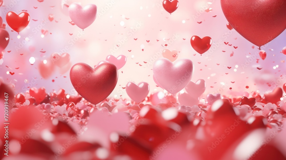 Valentine's Day background concept, red hearts, hearts and twinkling lights, empty copy space for present