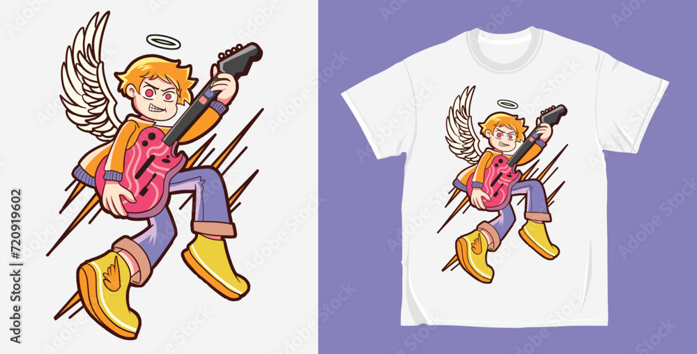 Naklejka premium Vector rockstar guitarist cartoon character illustration t shirt design