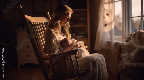 A mother sitting in a rocking chair cradling her newbor baby