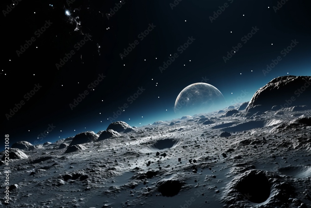 The view from an asteroid in space showcases the vastness of the cosmos, with stars and celestial bodies scattered against the dark expanse, creating an extraterrestrial perspective.