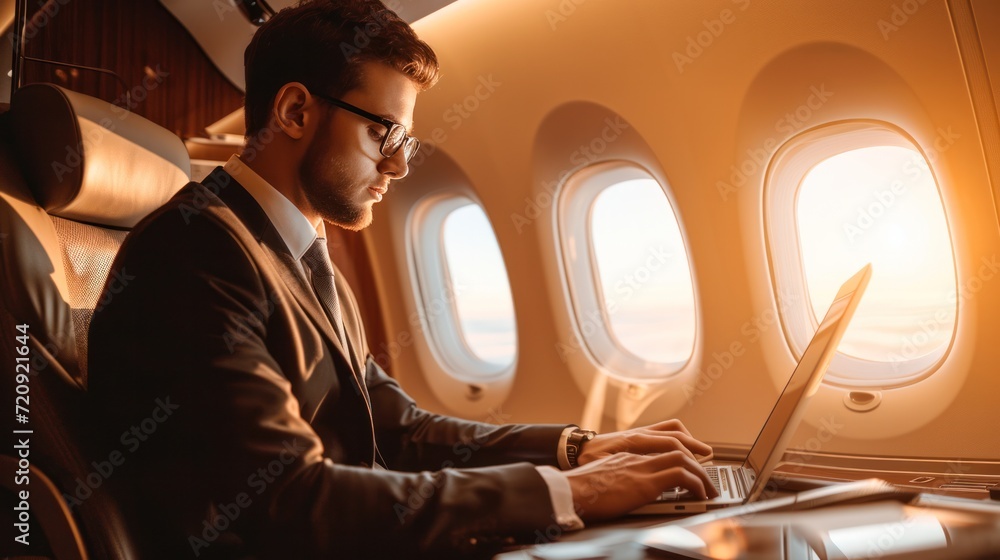 Fototapeta premium Businessman working with laptop at commercial airplane