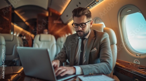 Businessman working with laptop at commercial airplane photo