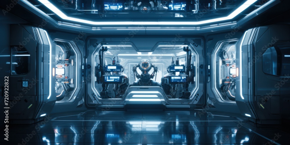 Spaceship inside futuristic technology style, High tech booth, metallic texture.