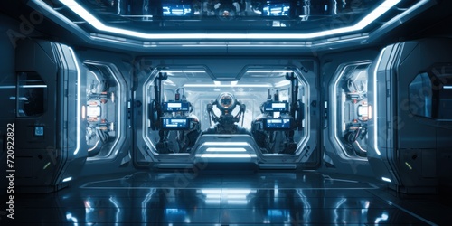 Fototapeta Naklejka Na Ścianę i Meble -  Spaceship inside futuristic technology style, High tech booth, metallic texture.