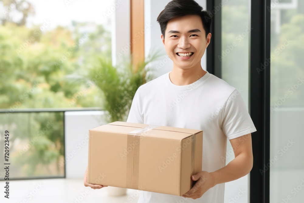 Delivery Smiling Japanese man holding box Delivery Smiling Japanese man holding box