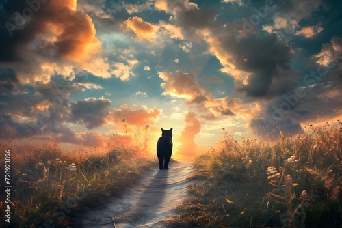 silhouette of a black cat following a path to the horizon photo