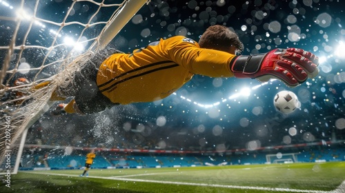 Action rear view shot of a male professional soccer goalie diving to stop a goal during a live international game