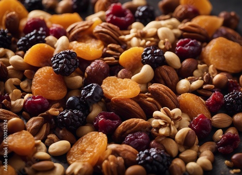 Mix of dried fruits and nuts on a dark background.